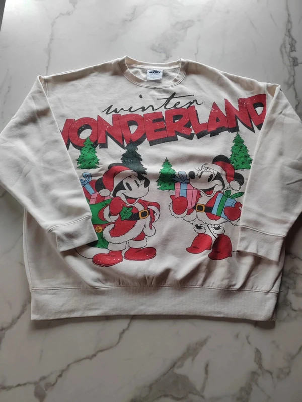 Sweat Disney officiel vintage Minnie et Mickey version Noël, blanc rouge cartoon année 90 – Mickey Mouse – taille M / 38 / 10 2