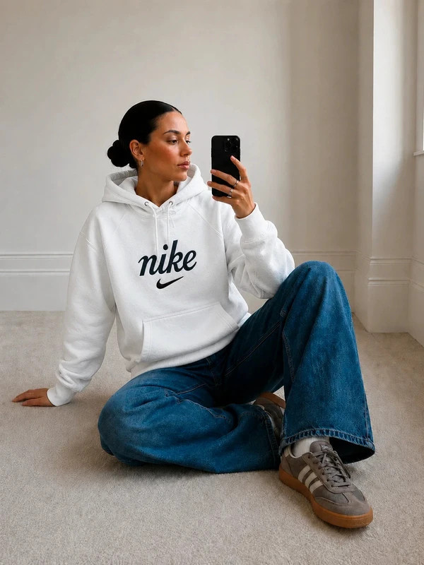 Hoodie Nike blanc logo noir – sweat capuche streetwear – Nike – taille M / 38 / 10