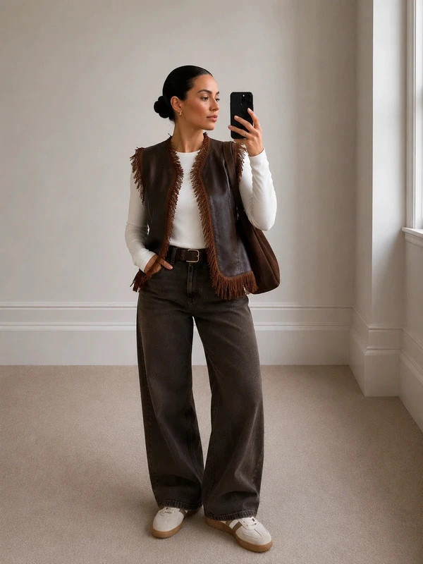 Gilet vintage marron à franges – style western / bohème – Vintage Dressing – taille XS / 34 / 6