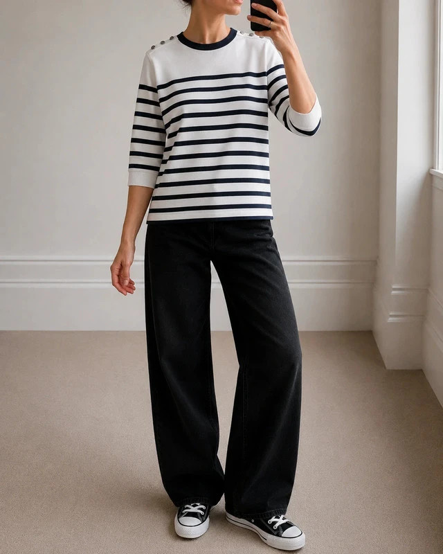 Marinière coton femme S – rayures bleu marine blanc – manches longues – Vintage Dressing – taille S / 36 / 8