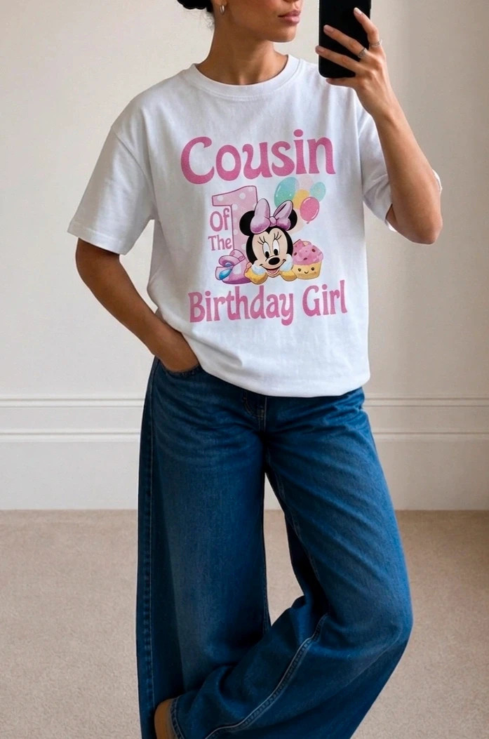 T-shirt Minnie Mouse “Cousin of the Birthday Girl” Vintage – Disney – taille L / 40 / 12