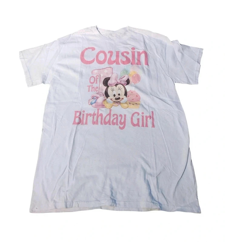 T-shirt Minnie Mouse “Cousin of the Birthday Girl” Vintage – Disney – taille L / 40 / 12 2