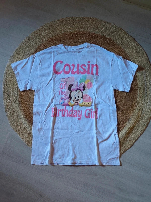 T-shirt Minnie Mouse “Cousin of the Birthday Girl” Vintage – Disney – taille L / 40 / 12 3