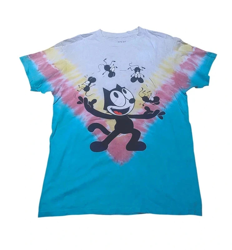 T-shirt tie and dye Felix le Chat bleu jaune rose blanc - print cartoon – Vintage Dressing – taille S 2