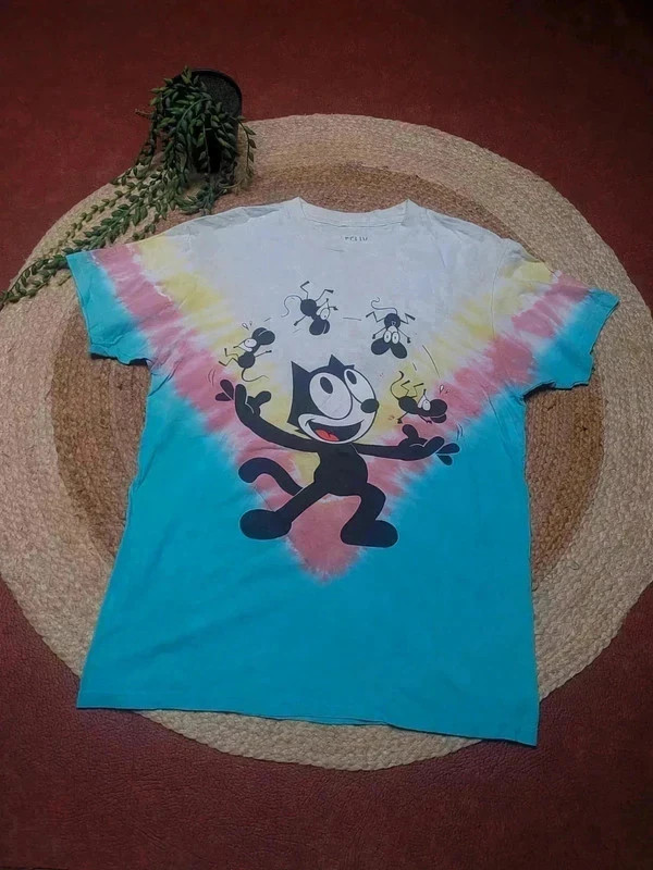 T-shirt tie and dye Felix le Chat bleu jaune rose blanc - print cartoon – Vintage Dressing – taille S 3
