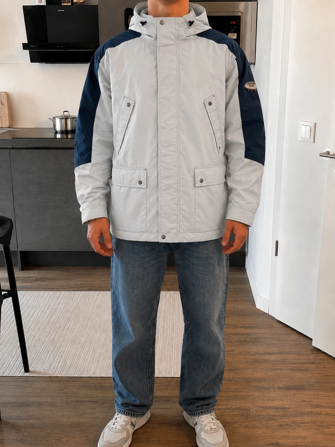 Parka Oxbow homme L blanche bleue capuche imperméable vintage outdoor hiver