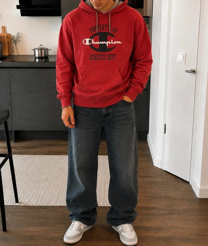 Hoodie rouge bordeaux Champion – gros logo – style US – Vintage Dressing – taille XL