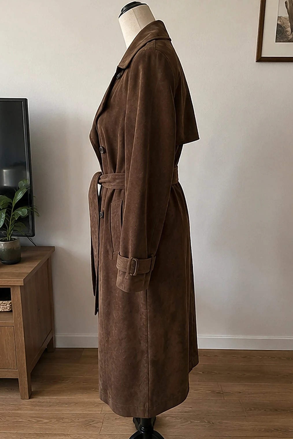 Trench long suédé tabac coupe croisée taille S – D'ALBY – taille S / 36 / 8 3
