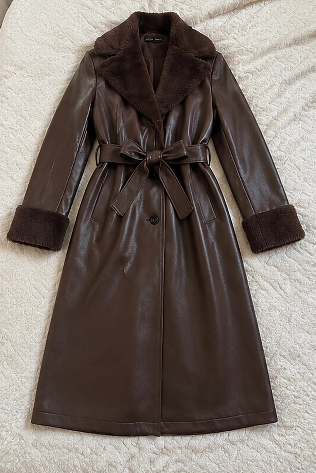 Manteau long similicuir tabac avec col et poignets fausse fourrure – Ateliers Provins – taille S / 36 / 8 4