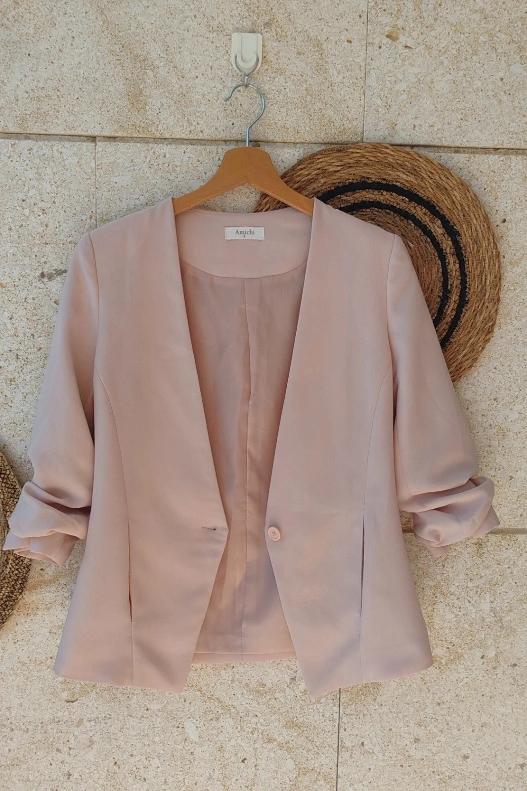 Blazer Fluida Rosa Amichi S / Veste Ample Rose Poudré Amichi / Pastel Pink Ruched Sleeve Blazer