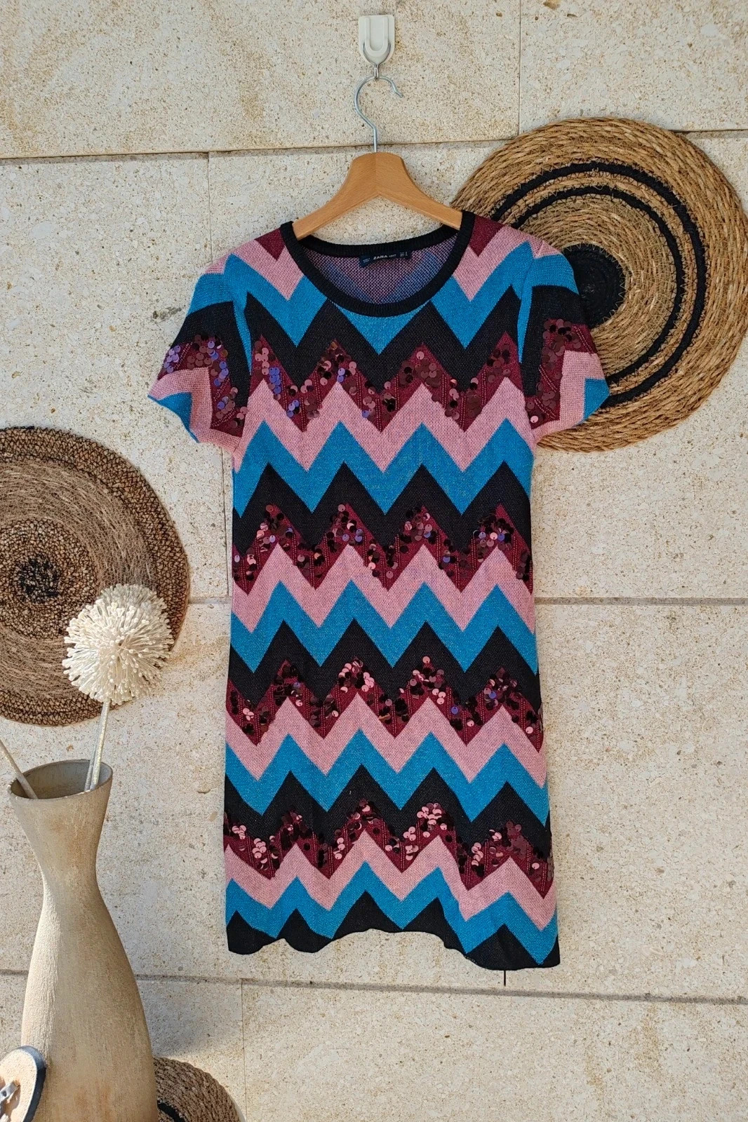 Vestido Punto Zigzag Lentejuelas Zara S / Robe Maille Paillettes / Knit Chevron Dress