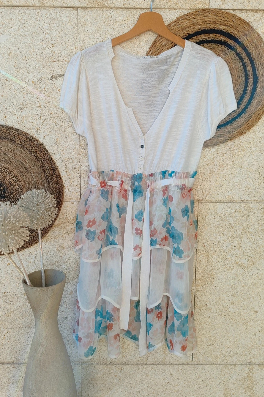 Vestido combinado flores volantes / Robe bimatière fleurie volant S / Vestito combinato fiori S