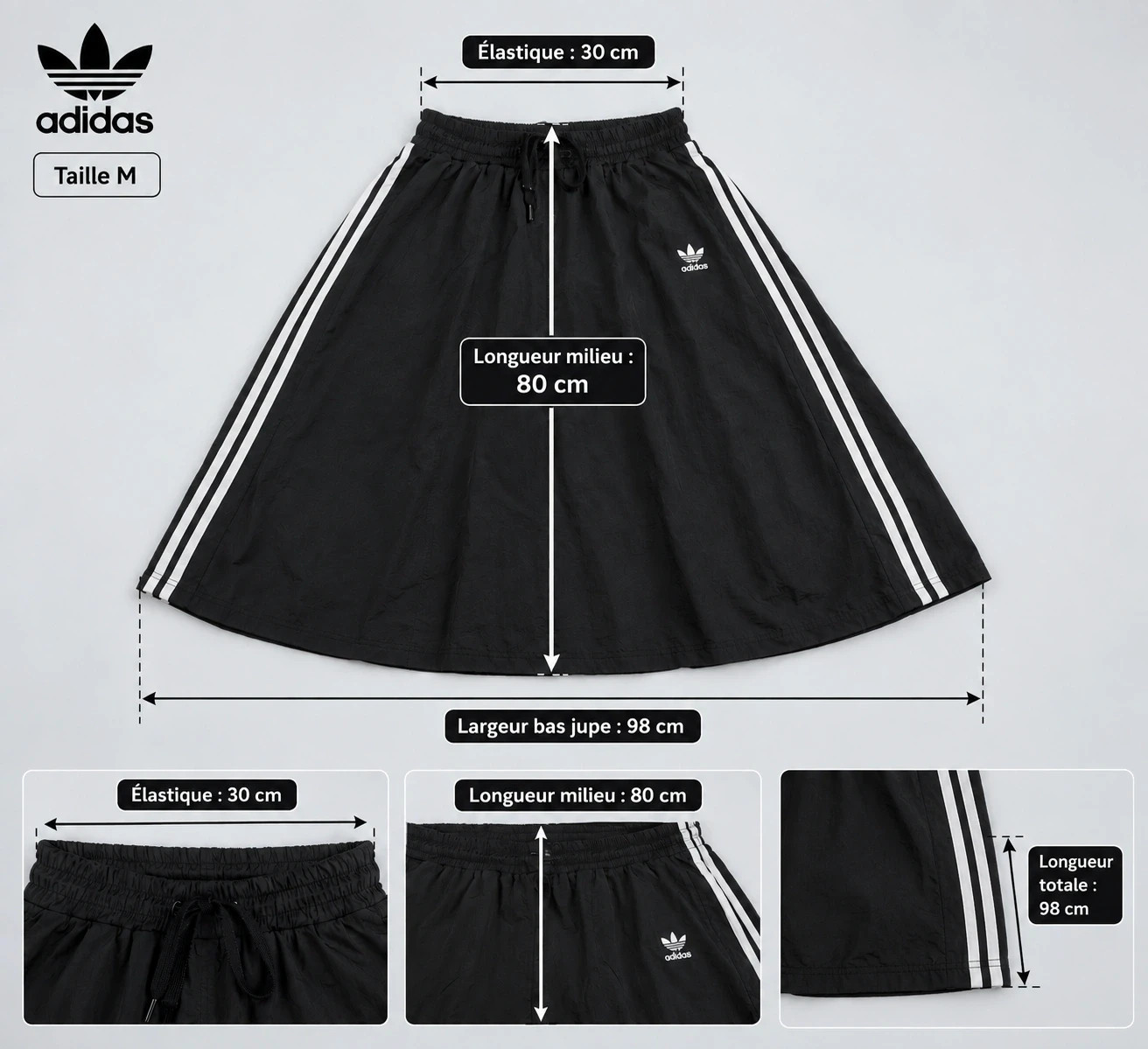 🖤 Jupe longue Adidas Originals noire 3 bandes blanches – Taille M – Rare – adidas – taille M / 38 / 10 4