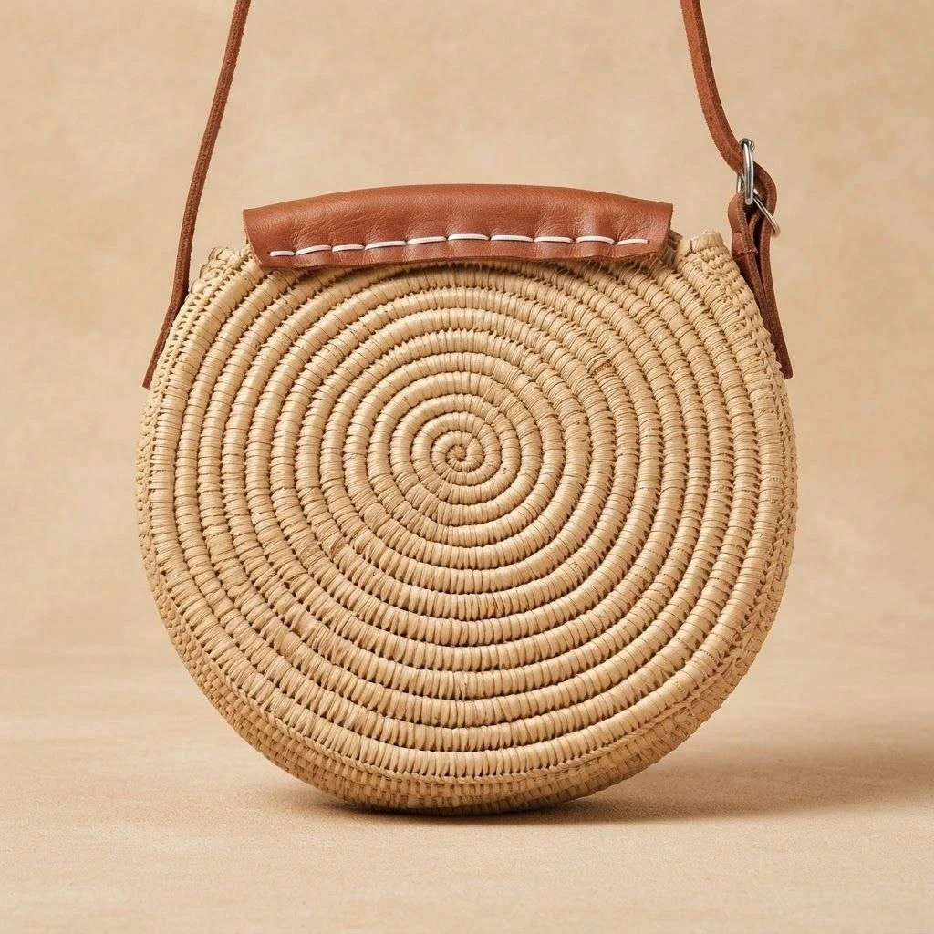 🤎 Sac rond en paille tressée – Artisanat du Maroc 🇲🇦 – Tendance 2