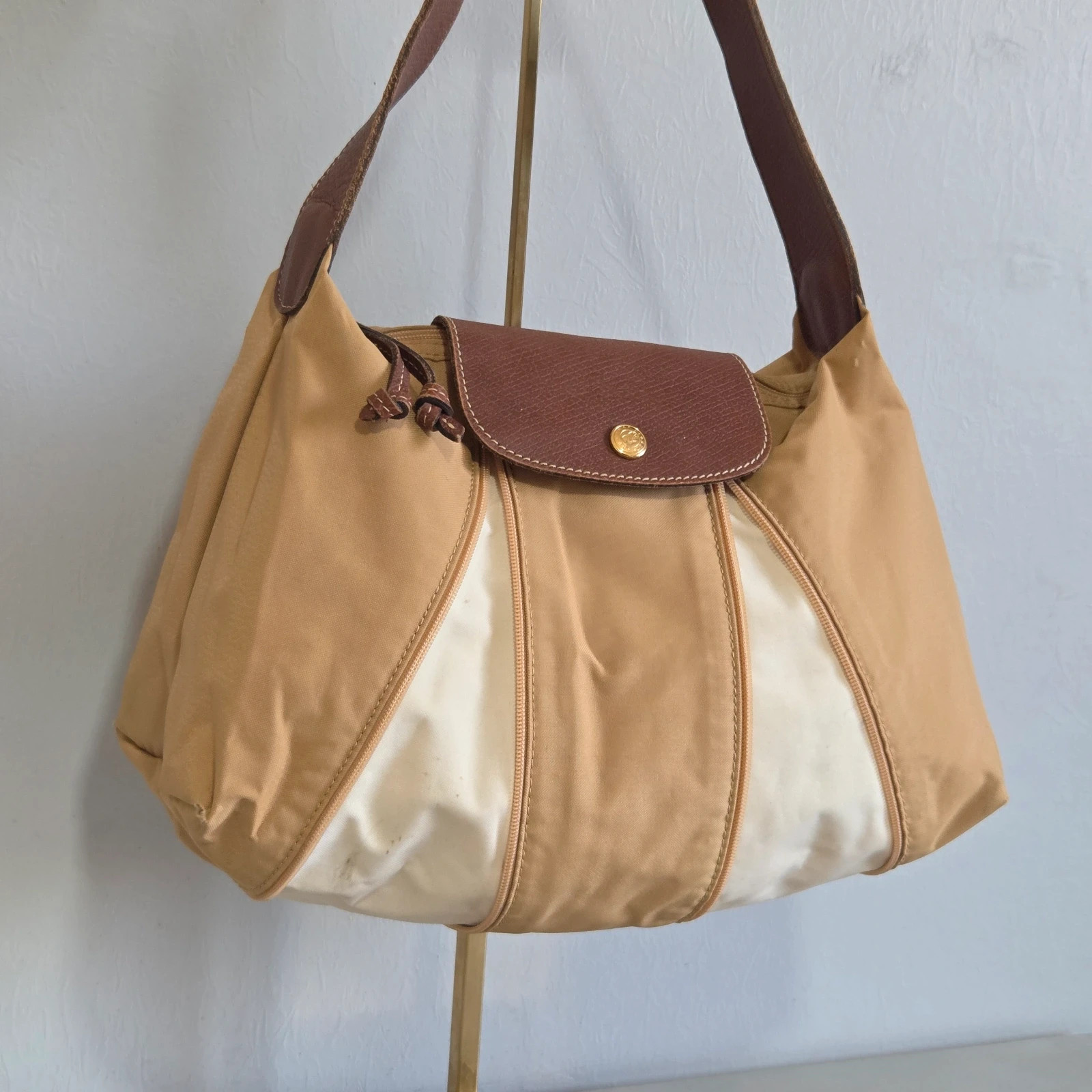 Sac a main longchamp vintage pliage beige camel blanc toile cuir – Longchamp 2