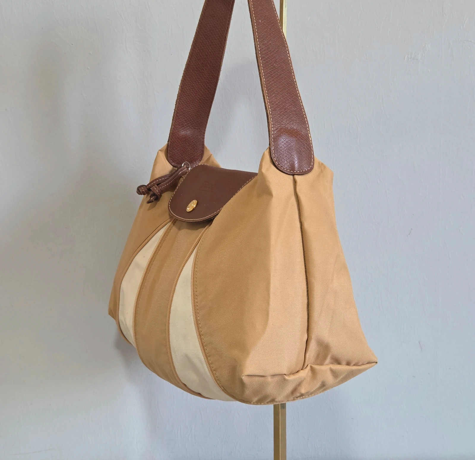 Sac a main longchamp vintage pliage beige camel blanc toile cuir – Longchamp 3