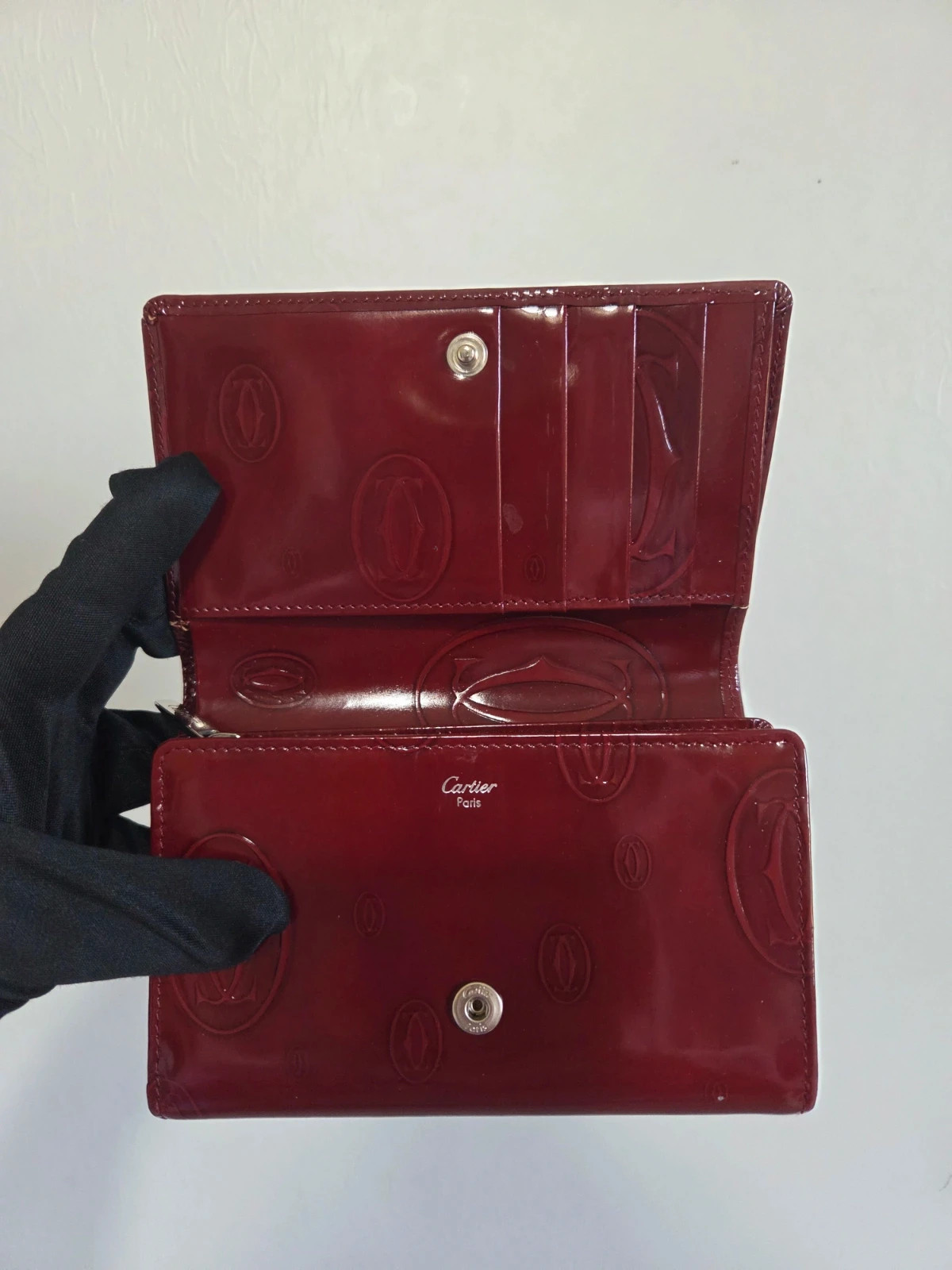 Porte monnaie wallet Cartier vintage happy birthday cuir vernis rouge bordeaux – Cartier 2