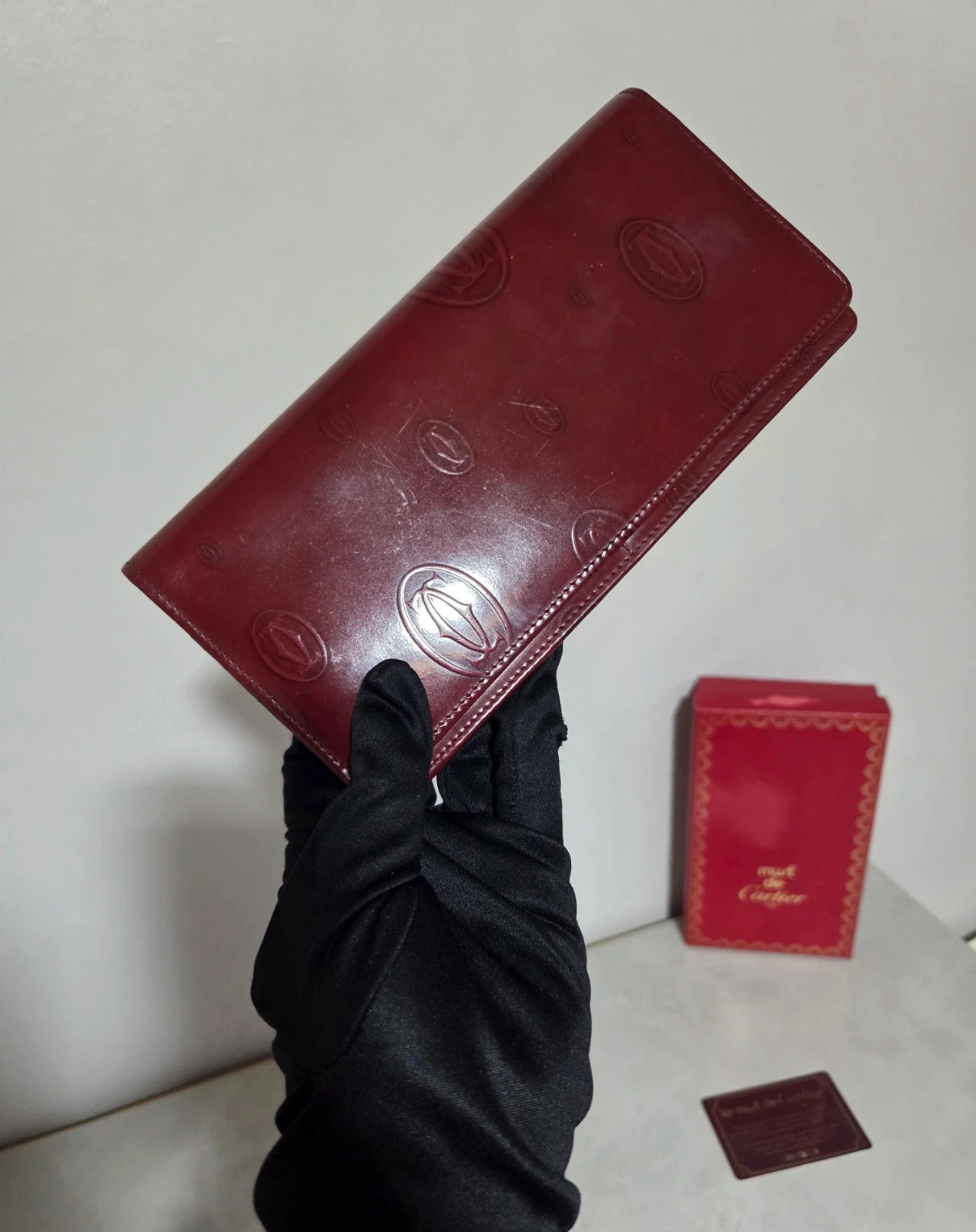 Porte monnaie wallet cartier full set boîte et carte d'authenticité cuir vernis bordeaux rouge