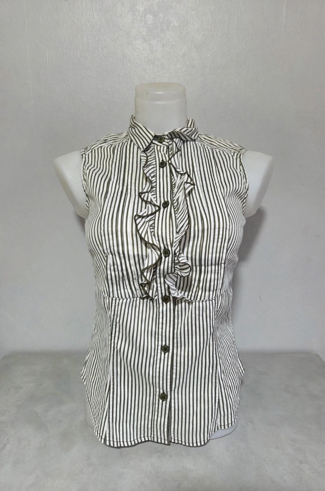 Moschino Chemise Sans Manches Rayée Chic – Blouse Élégante Volants – T36/S – Moschino – taille S / 36 / 8 3
