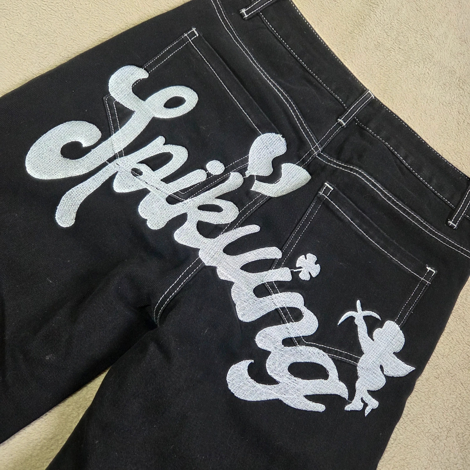 Pantalon denim jeans gros logo brodé taille S oversize large – NVFelix – taille S / 36 / 8 2