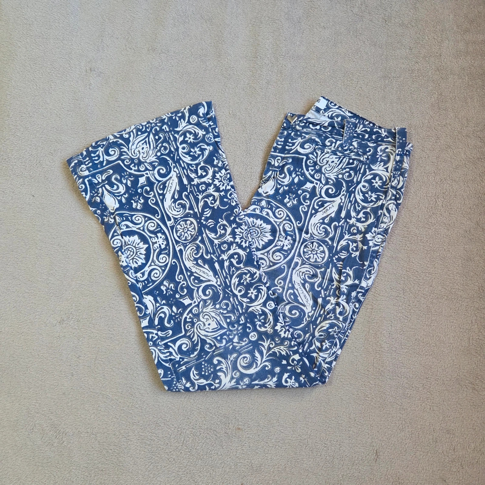 Pantalon denim élastique moschino jambe large patte d'éléphant taille M 38 motif blanc bleu
