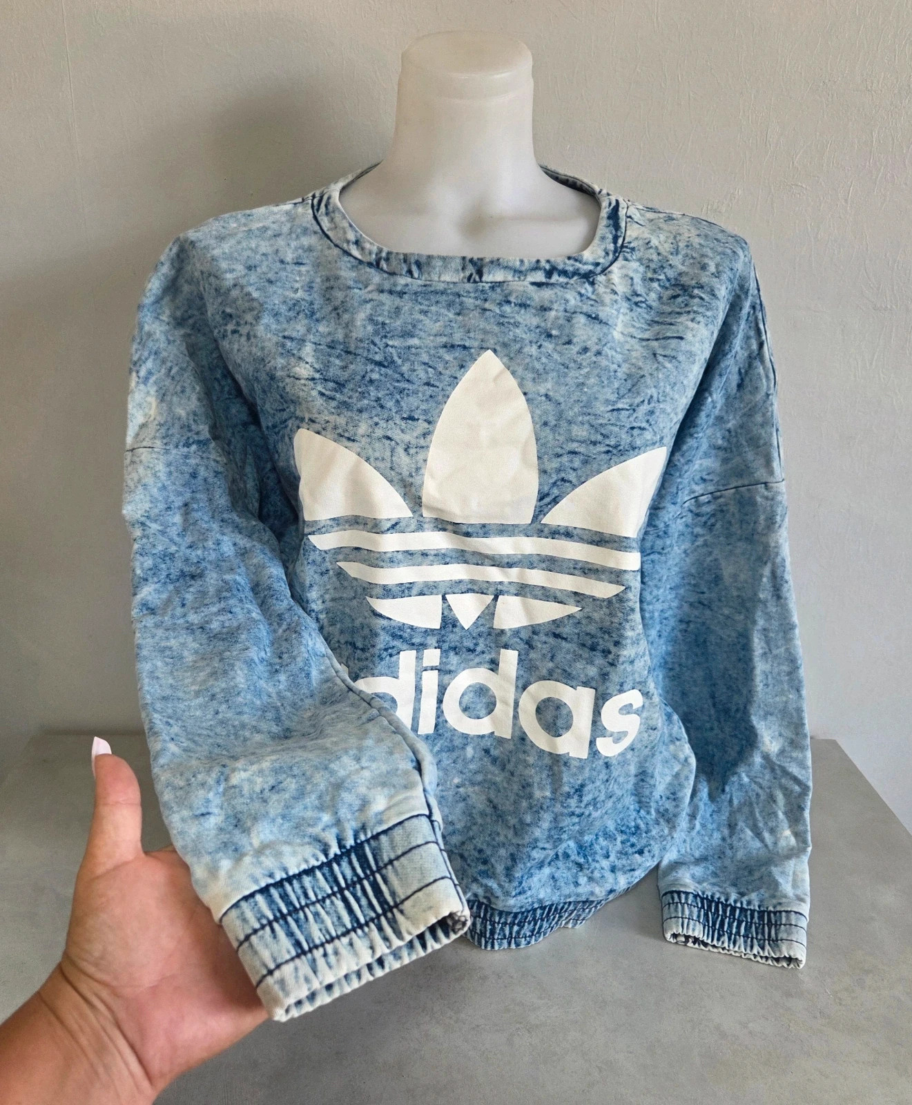 Pull sweat woody sweat-shirt vintage Adidas jeans denim bleu turquoise délavé taille M/L – adidas – taille M / 38 / 10 2