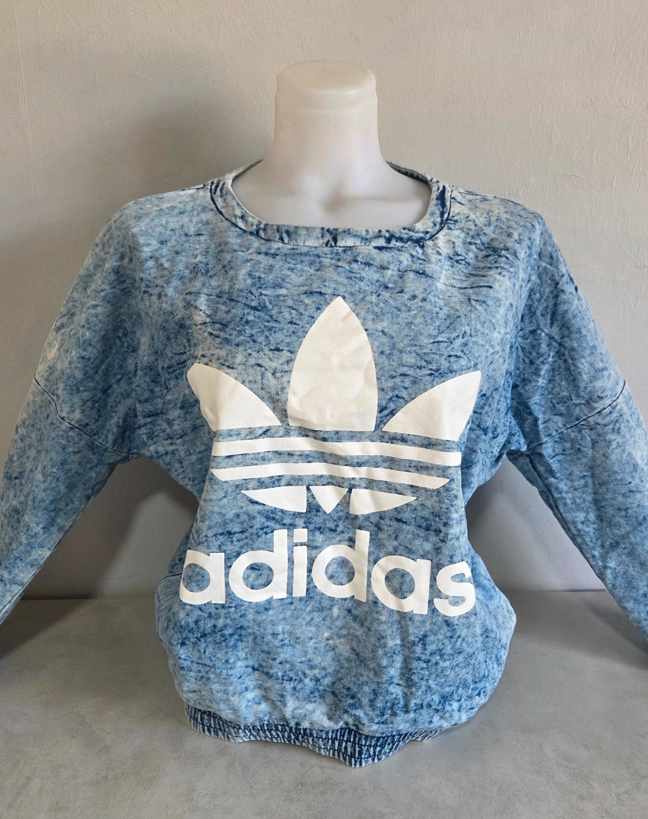 Pull sweat woody sweat-shirt vintage Adidas jeans denim bleu turquoise délavé taille M/L – adidas – taille M / 38 / 10 5
