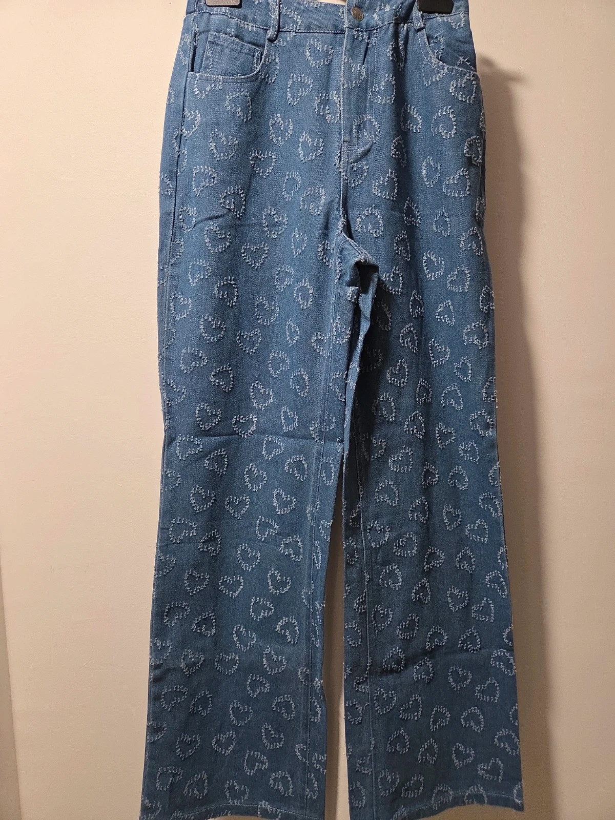 Jean large bleu denim imprimé cœurs - in april 1986 - Taille S/M (36/38)