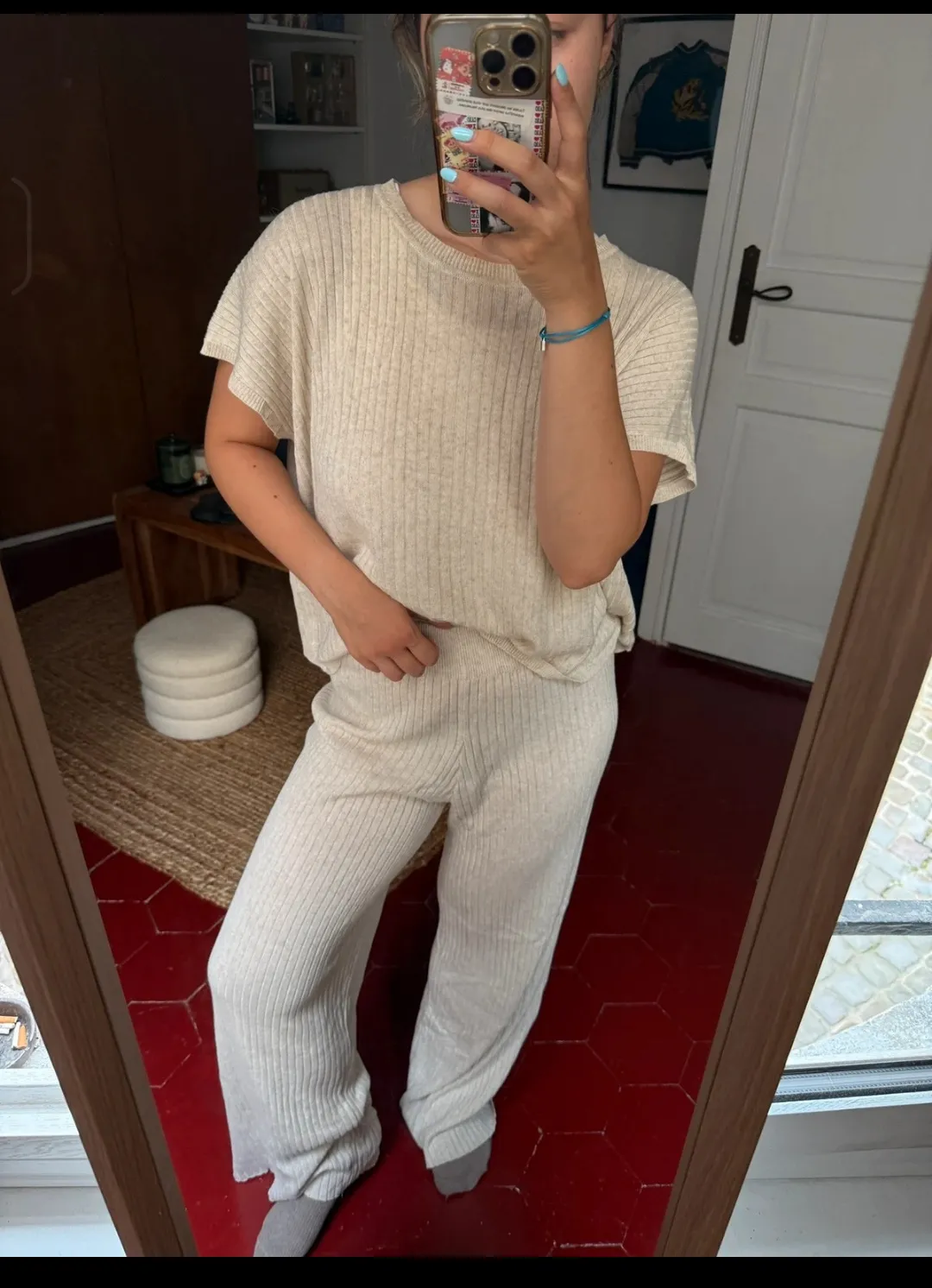 Ensemble côtelé crème t-shirt pantalon