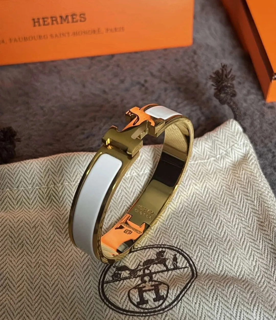 Bracelet Hermès Clic H émail blanc orange