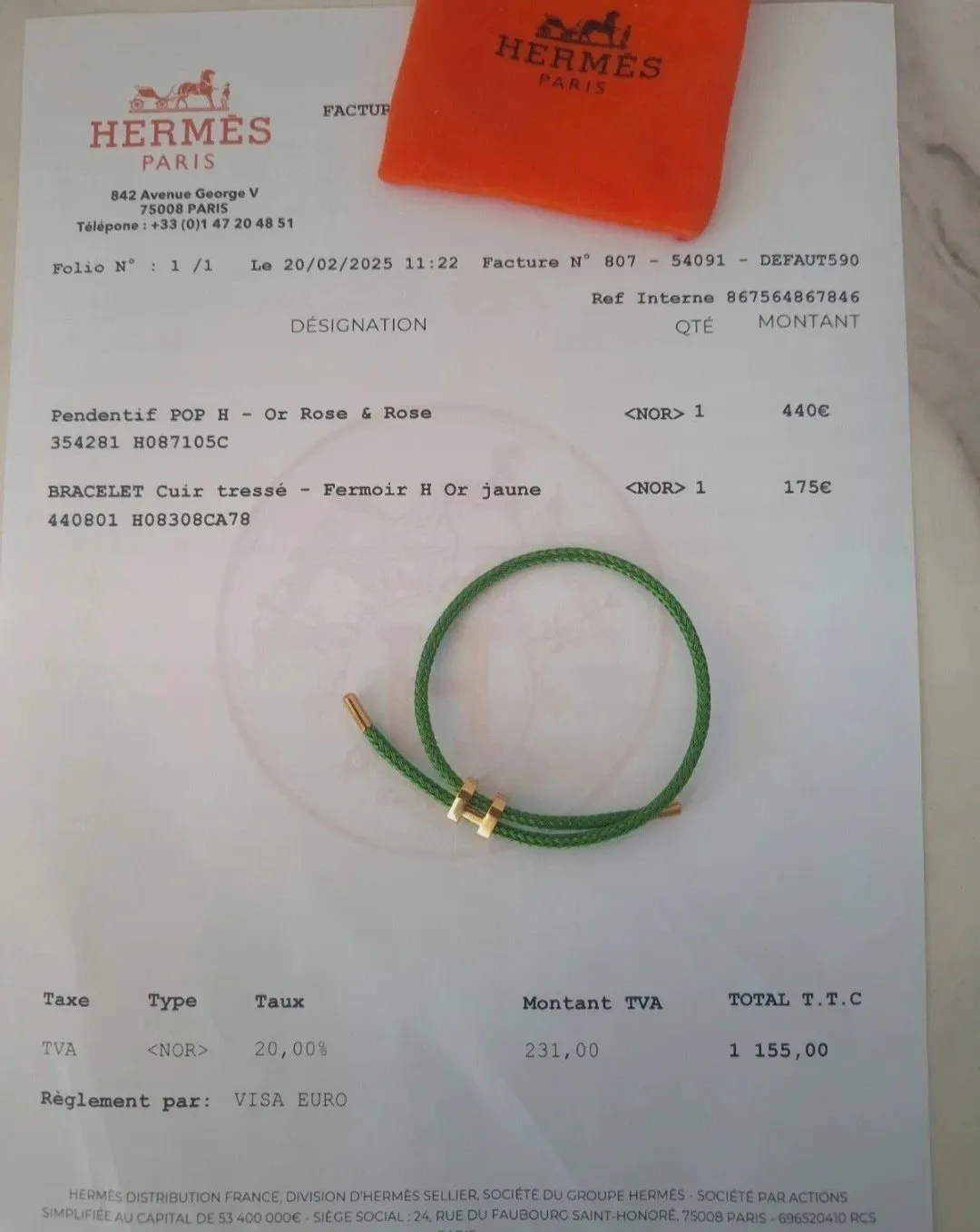Bracelet Hermès en cordon tressé vert et fermoir H – Hermès – taille Taille unique 2