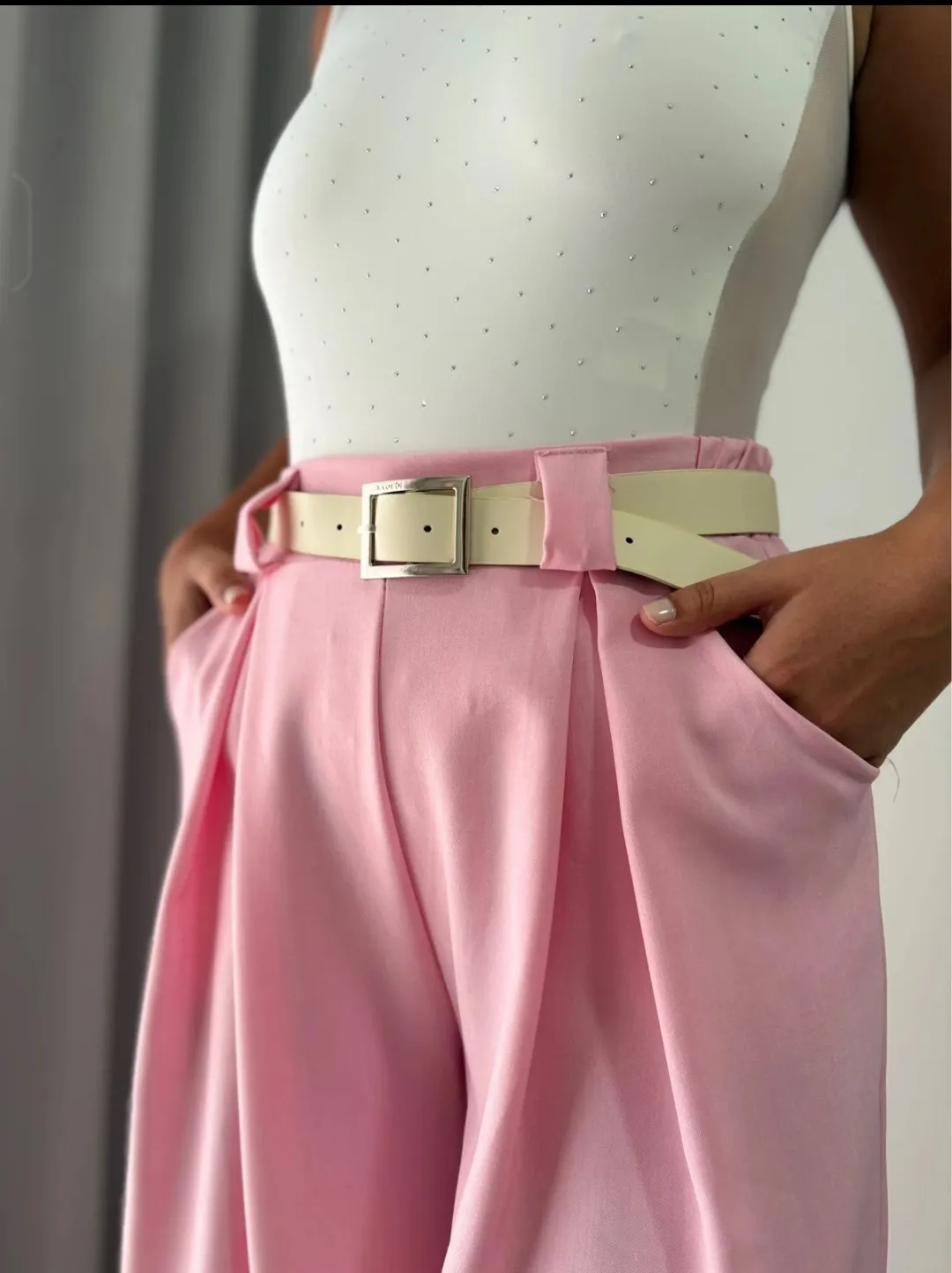 Pink Wide-Leg Trousers with Belt 3