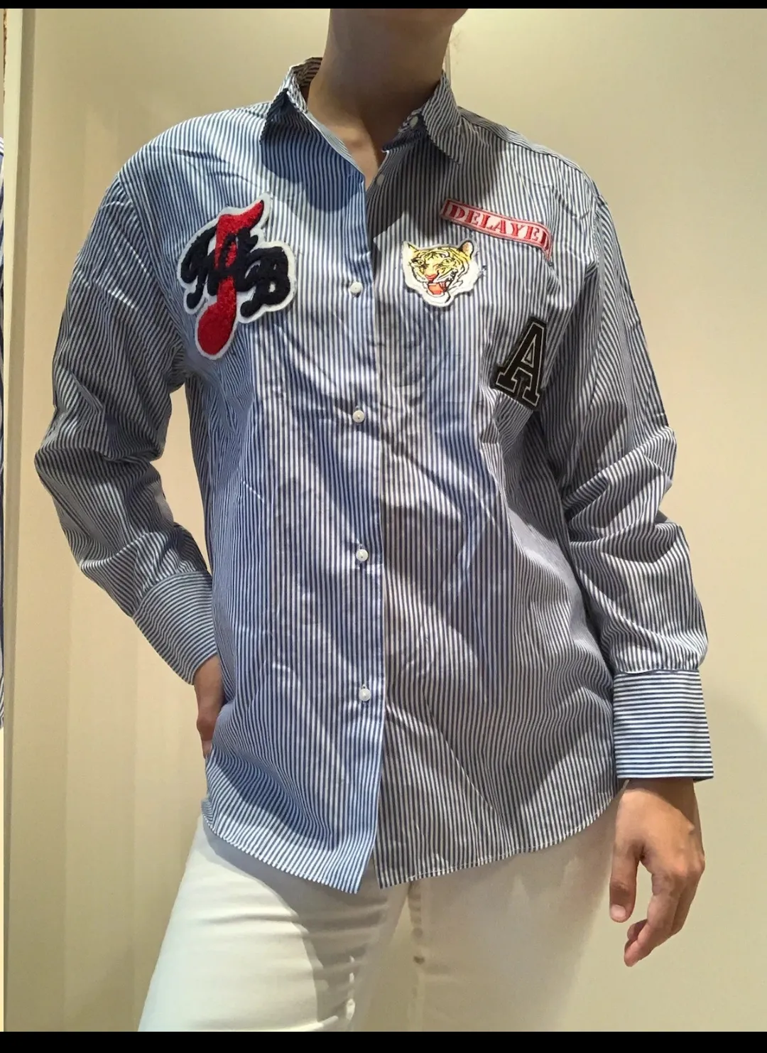 Chemise rayée patchwork badges tigre 2