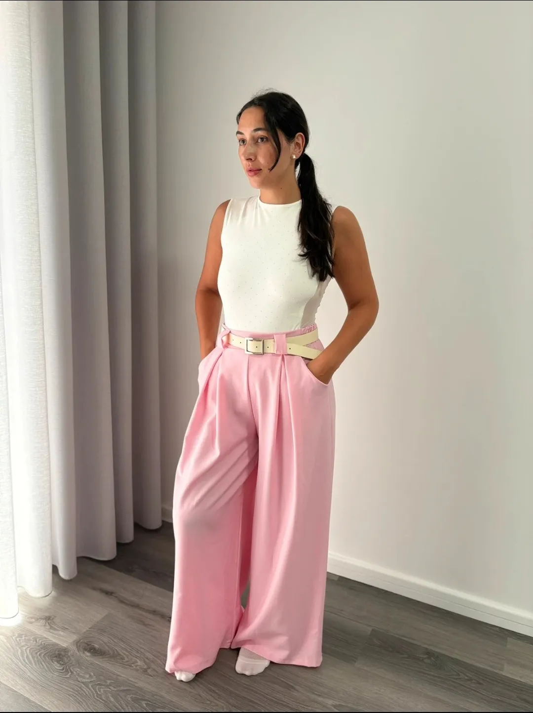 Pink Wide-Leg Trousers with Belt