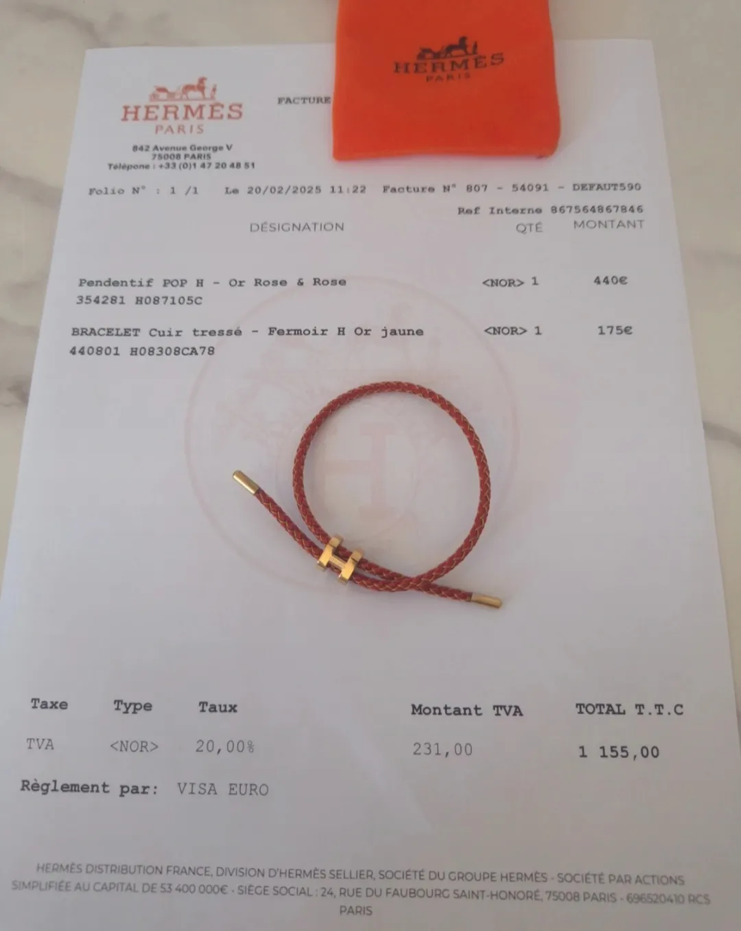 Bracelet Hermès Cuir tressé Or Rose
