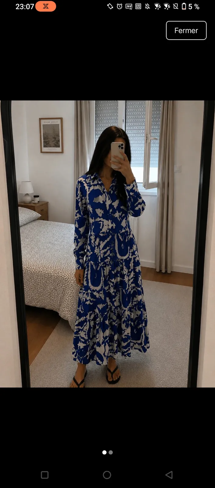Robe longue bleue motifs blancs 3