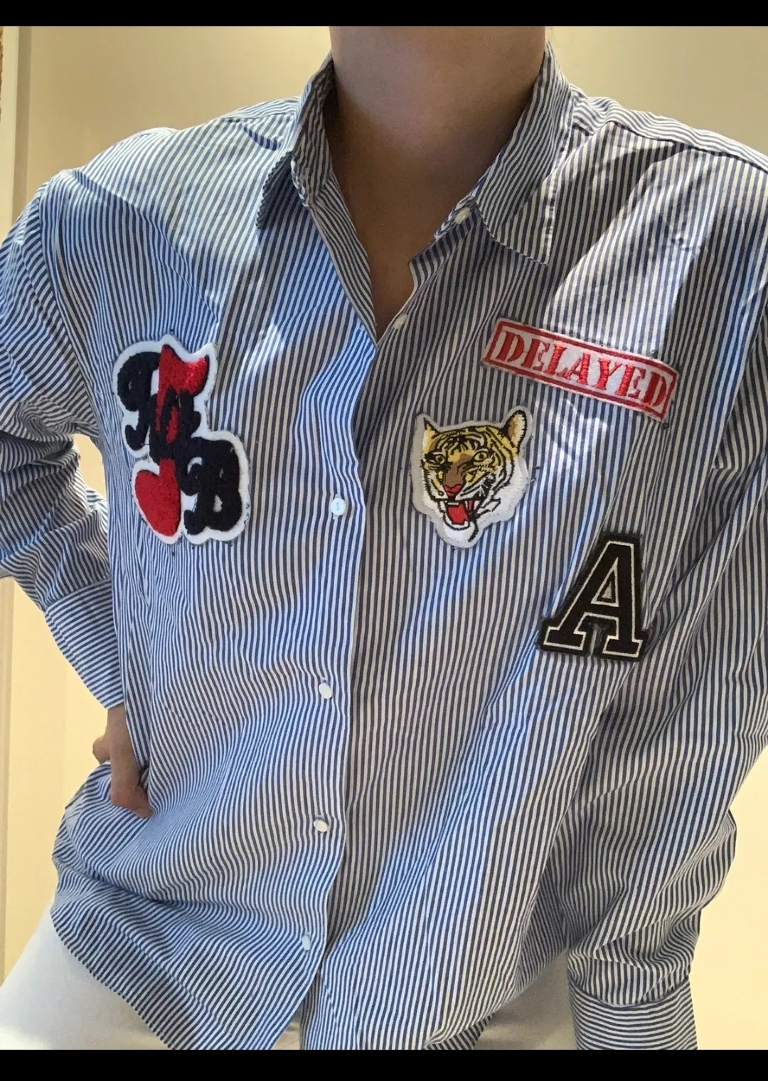 Chemise rayée patchwork badges tigre
