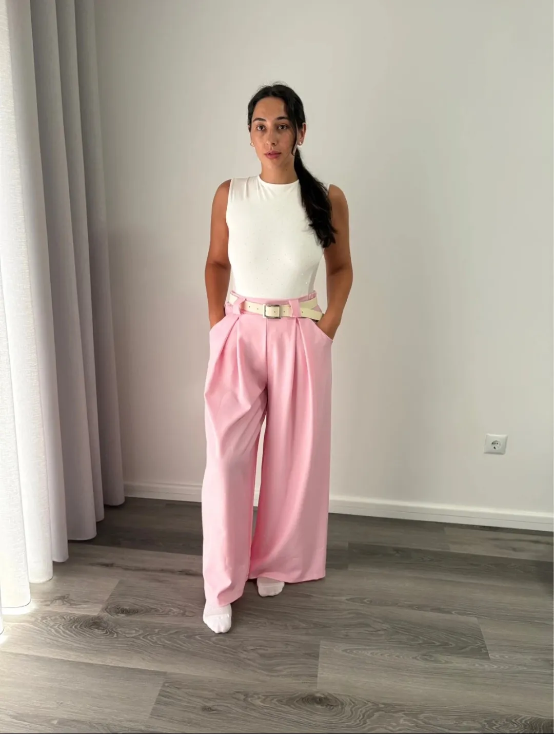 Pink Wide-Leg Trousers with Belt 2