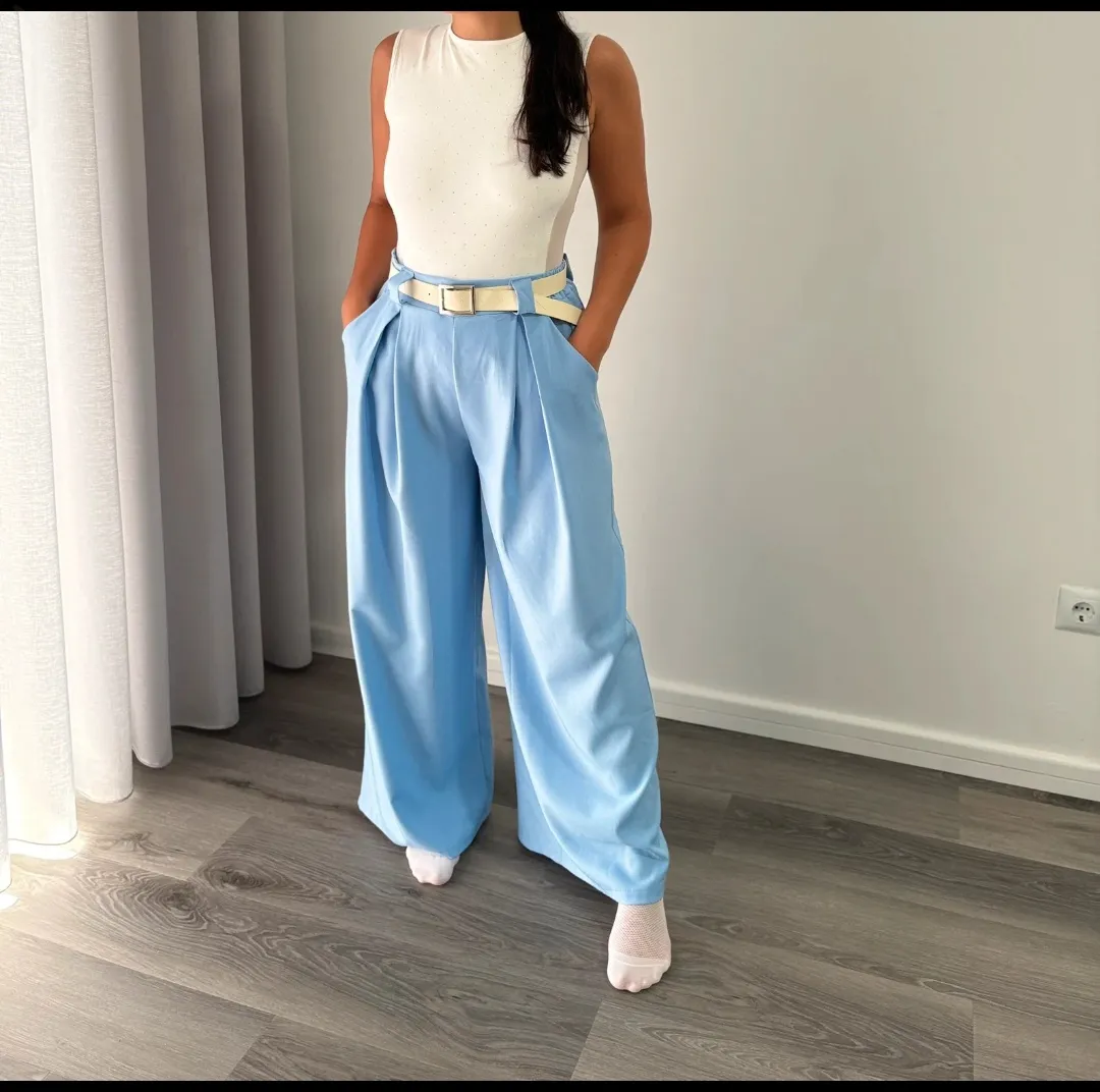 Light Blue Wide-Leg Trousers with Belt