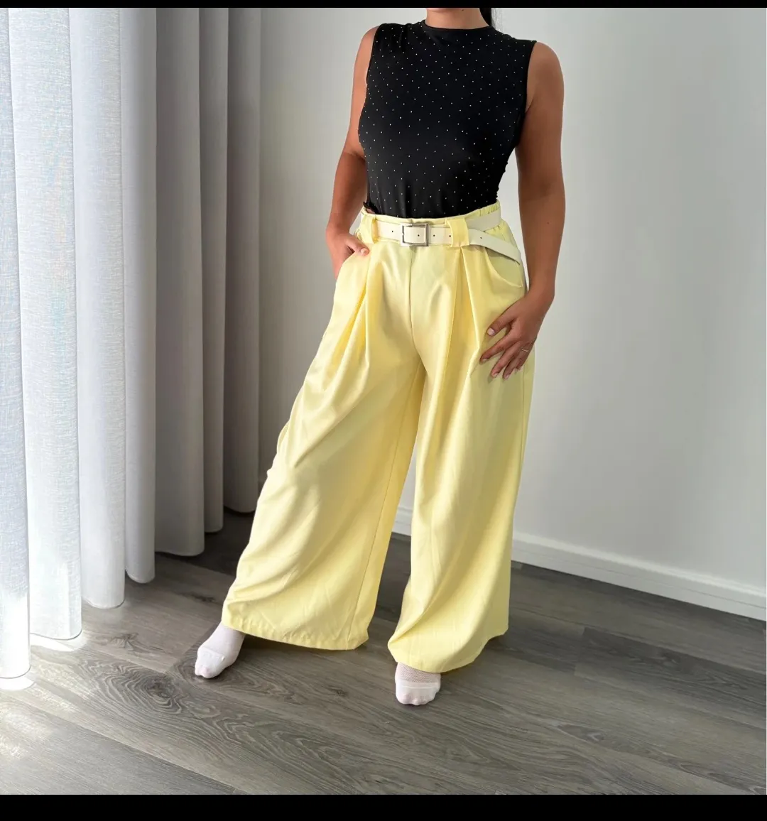 Yellow Wide Leg Trousers with Belt