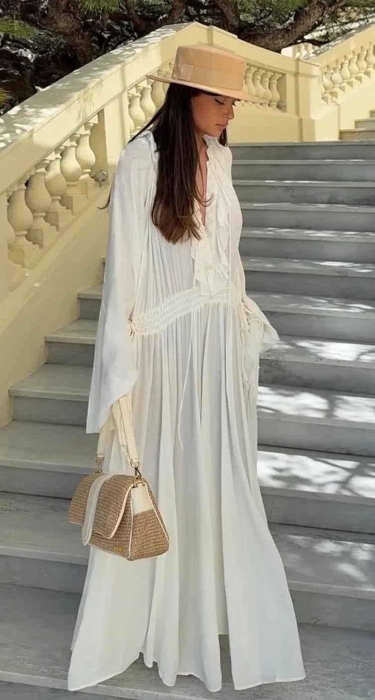 White Pleated Maxi Dress Long Sleeve 4