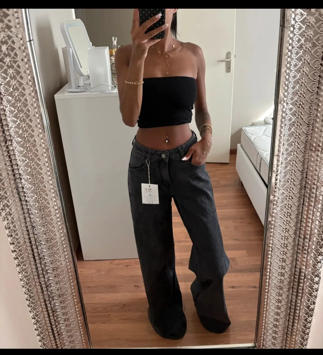 Jean noir taille haute jambes larges