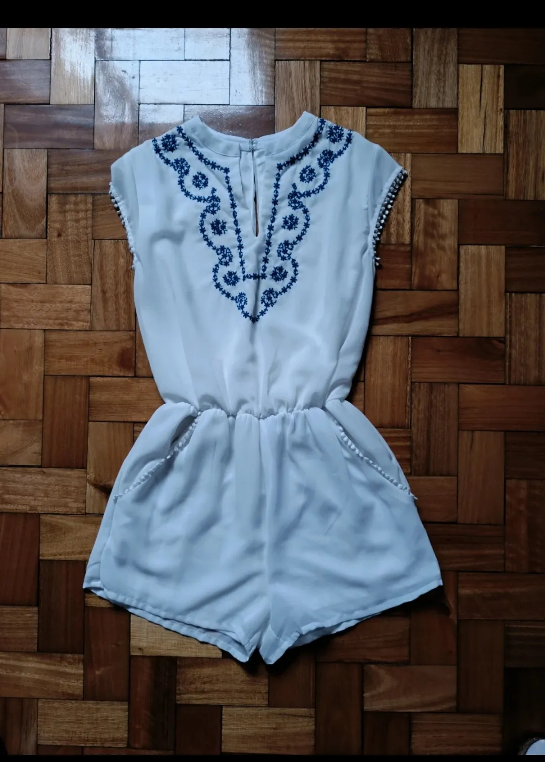 Light Blue Embroidered Sleeveless Playsuit