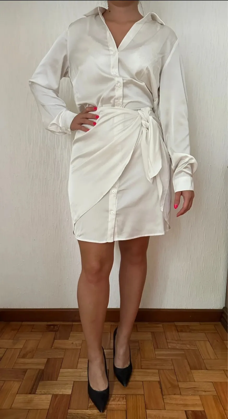 White Button-Up Shirt Dress with Tie Waist
