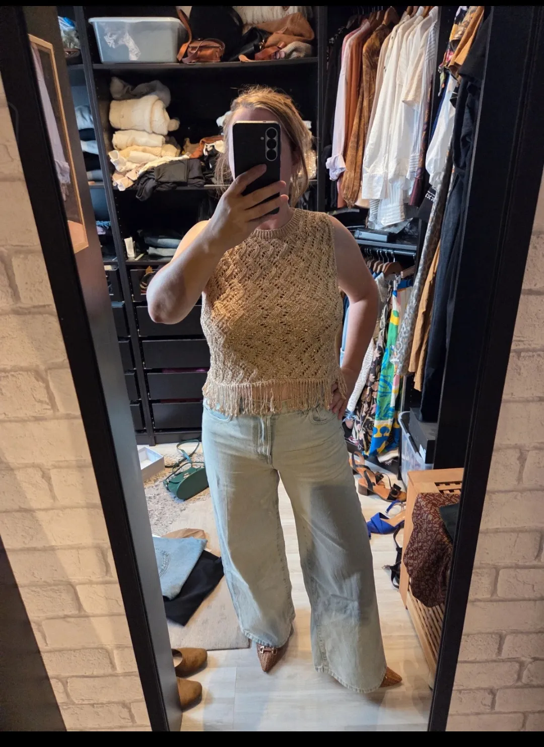 Top crochet beige franges femme