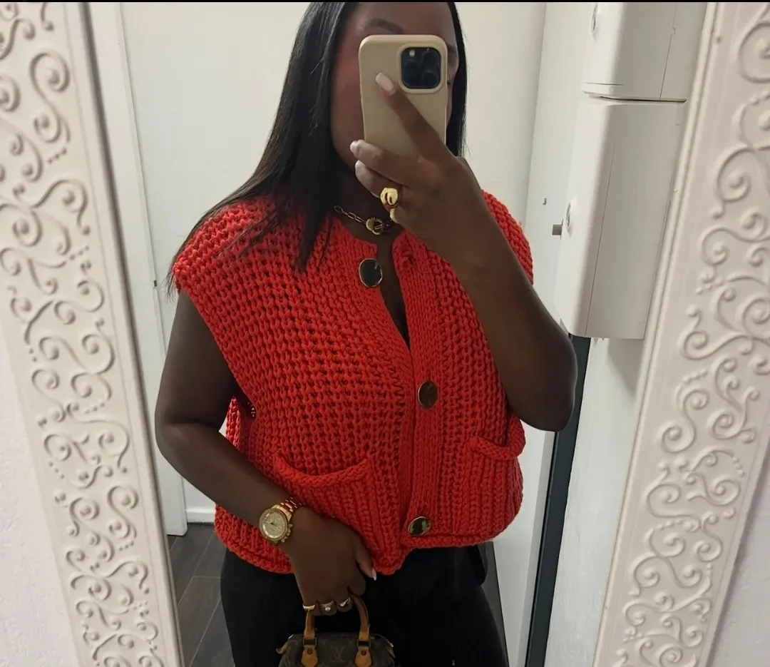 Red Knit Button-Up Vest