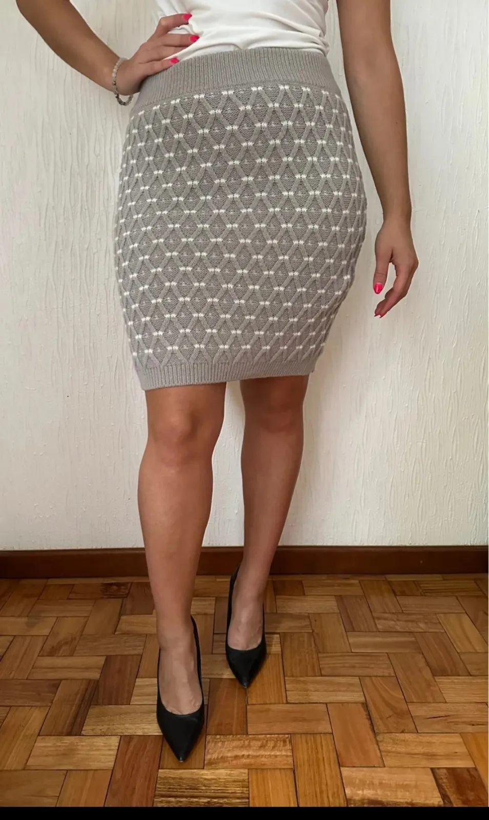 Jupe tricot grise motifs géométriques C&A