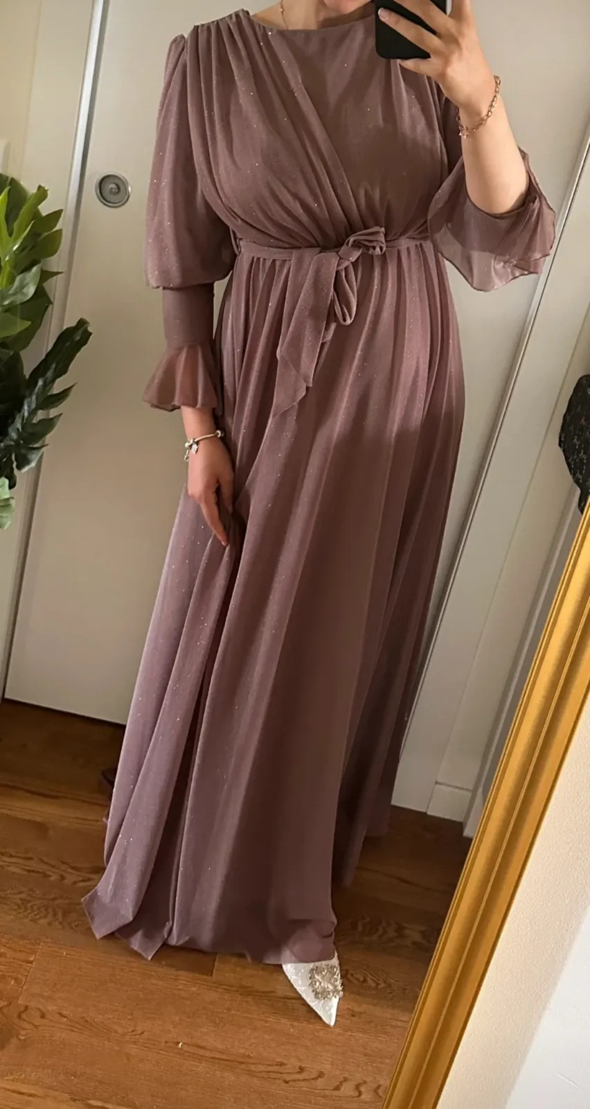 Robe longue mauve fluide manches 3