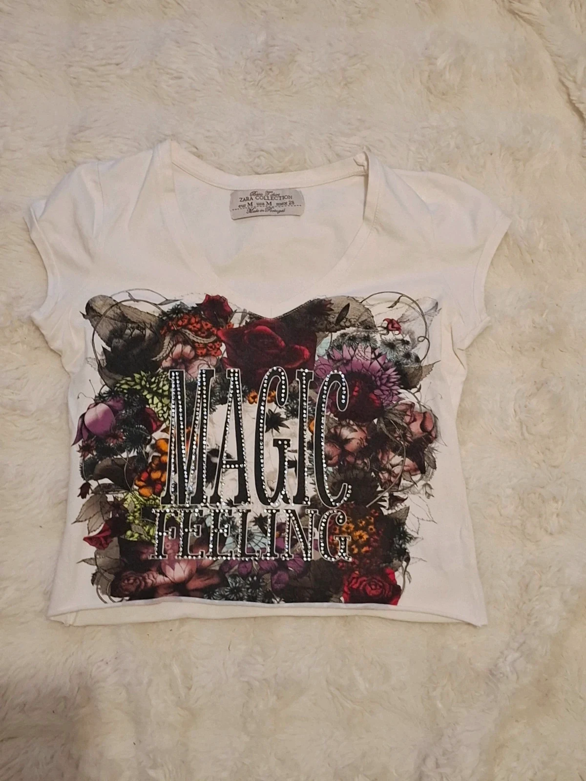 T-shirt Rétro Vintage Blanc Imprimé Floral "Magic Feeling" Zara T.M / S-M
