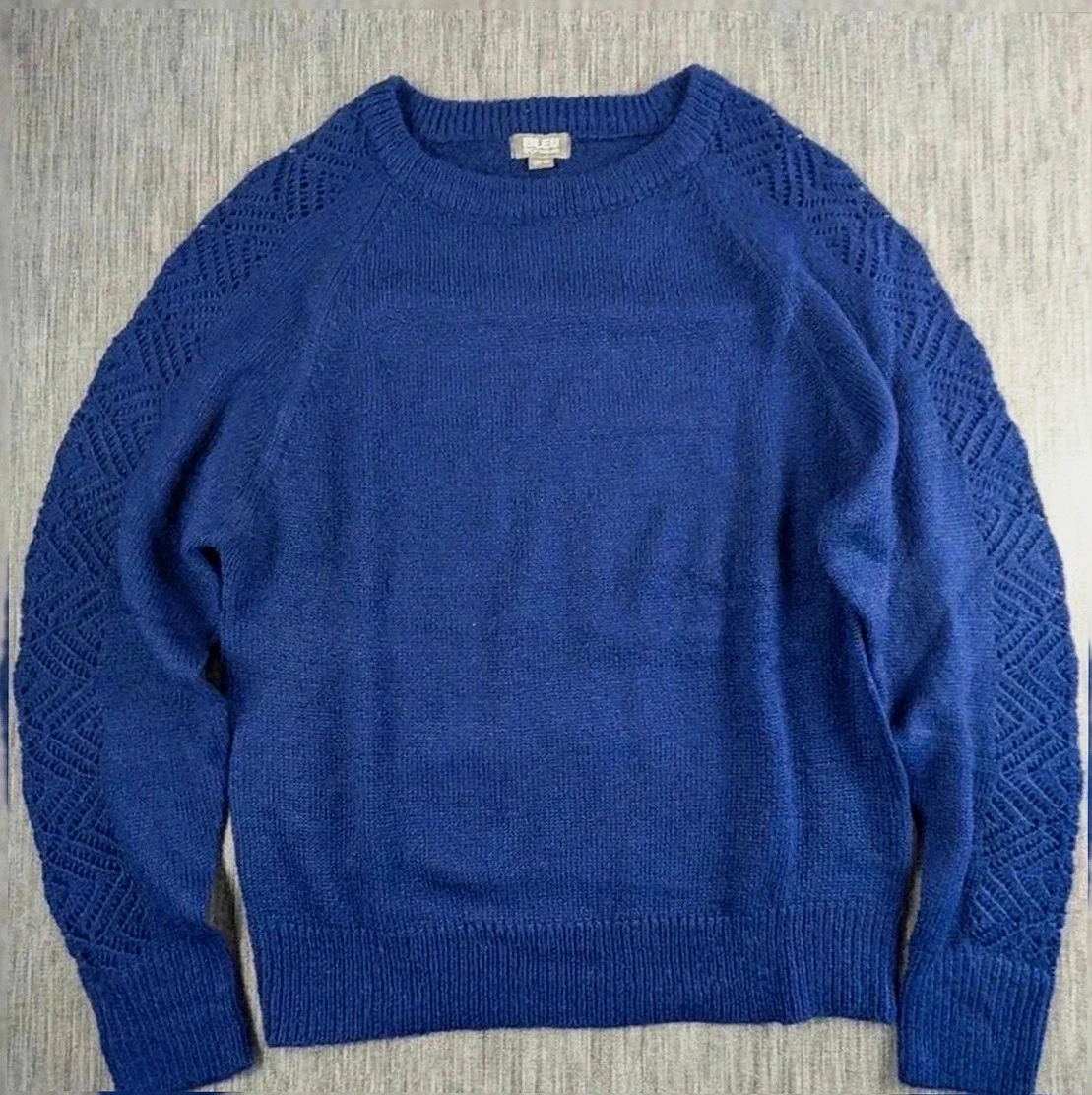 Pull ajouré bleu dentelle manches – Taille 38/40 – Bleu Bonheur 💙